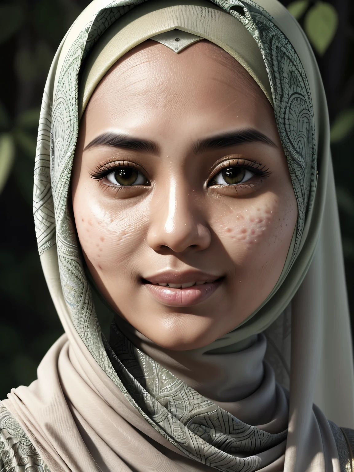 Close-up portrait of a Malaysian girl in hijab, (hyperrealistic, intricate details, high resolution), 23 years old, delicate features, expressing a gentle smile, peaceful and content, lush green surroundings, (soft cinematic light, natural tones), hijab carefully draped over her head, revealing expressive eyes and rosy cheeks, (neutral colors, subtle textures), captivating expression, matured gracefully, (hijab fabric with intricate patterns, intricately woven), capturing the essence of Malaysian culture, (emphasizing the unique beauty of her hijab and the individuality of the subject).