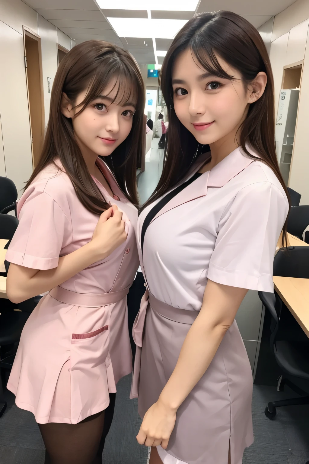(3People Girl)、(Beautiful Japanese、Refreshing、clear、seems kind、stylish、(narrow eyes)、Pitiful、cute like an angel、cute、black eyes、,actress,Slit eyes), Good style , (Beautiful big breasts:1.0),(soft breasts),(very cute),(brown hair),,(enchanting eyes),(highlight on eyes:1.2)、(8K、Live shooting、highest quality、masterpiece:1.2、optimal lighting)、((masterpiece)),(Photo taken by a professional photographer),(real、photo real:1.4),break,{ (pink nurse costume),(((taraditional nurse uniform))),(pink nurse mini skirt),(( pantyhose)),(cleavage:0.7)},(Smile),(cheeks are red:1.2), break, break,Hospital,Face shot、Examination room