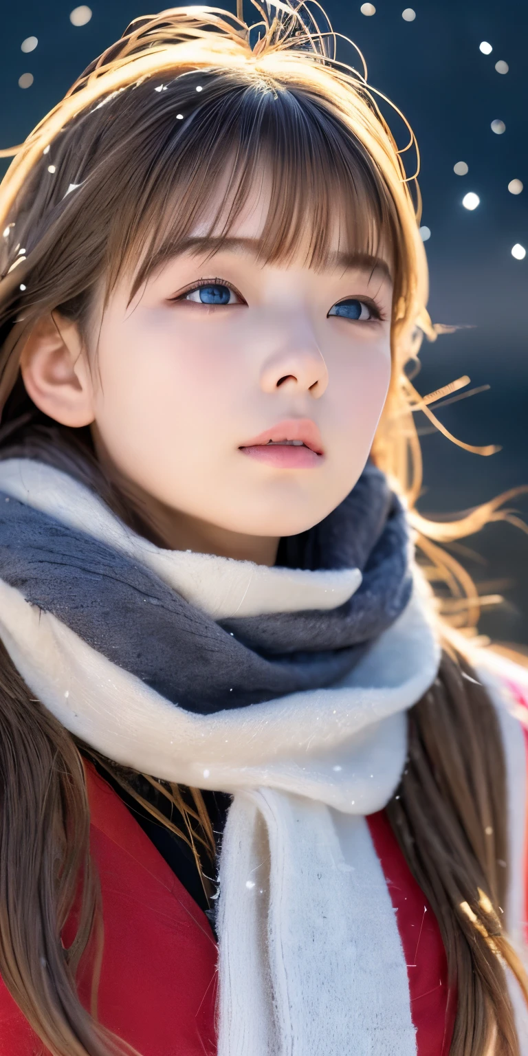 ((Hair blowing in the wind、No makeup:1.2))、(Realistic、Photorealistic、Very detailed、Best detailed skins、highest quality、masterpiece、超A high resolution)、Cute Russian Women、、high school girl、Young girl、1 girl、Has bangs、Ash Blonde:1.7、double eyelid、Drooling eyes、Japanese style face、purity、Realistic肌タイプ、Thick muffler、Gray muffler、Fluffy hair、((There'Hair in scarf:1.3))、Red cheeks、The wind is blowing、that'that'it's snowing、night、illumination、Lighting from behind、Hair blowing in the wind、((Antarctica、Meteors、The world of Aurora))