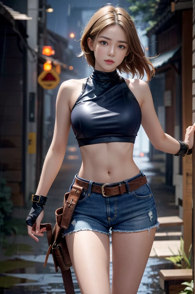 Mariam, highest quality,(beauty), One girl,Physically Based Rendering ,Ultra-high resolution,(Cowboy Shot:1.5),Tight waist, skinny, Leona MS , Big Blue Eyes,Long legs,（jeans mini shorts）,Leather Belt,Big Breasts,Puffy eyes, Leather Belt,(Rainy Town), Shiny skin, Face-to-face viewer, I&#39;m excited to fight、（Holding a gun）。((Sexy leather top sleeveless))、Sexy thighs