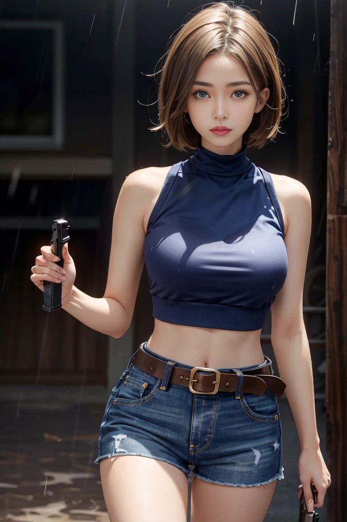 Mariam, highest quality,(beauty), One girl,Physically Based Rendering ,Ultra-high resolution,(Cowboy Shot:1.5),Tight waist, skinny, Leona MS , Big Blue Eyes,Long legs,(jeans mini shorts),Leather Belt,Big Breasts,Puffy eyes, Leather Belt,(Rainy Town), Shiny skin, Face-to-face viewer, I'm excited to fight、(Holding a gun)。((Sexy leather top sleeveless))、Sexy thighs