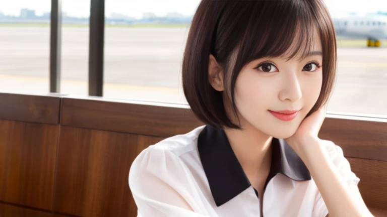masterpiece、highest quality、High resolution、Tabletop、wallpaper、Realistic、Professional Lighting、Face Light、Smooth lighting、Japanese women、Beautiful woman、Age 25、Beautiful Skin、Beautiful and detailed、Detailed face、short hair、Black Hair、Brown eyes、Looking at the camera、Upper Body Shot, A stylish cafe terrace inside the airport, 1 girl, 若くて美しいJapanese women, Short Bob Hair, Super cute face,Wearing a short-sleeved satin silk white shirt with a collar, Lots of smiles on the airport cafe terrace, Glossy Lips, Double eyelids on both eyes, Natural Makeup, Long eyelashes, shiny smooth black hair、Attention to detail, Detailed hairstyle, Perfect body,Before you leave for your trip abroad