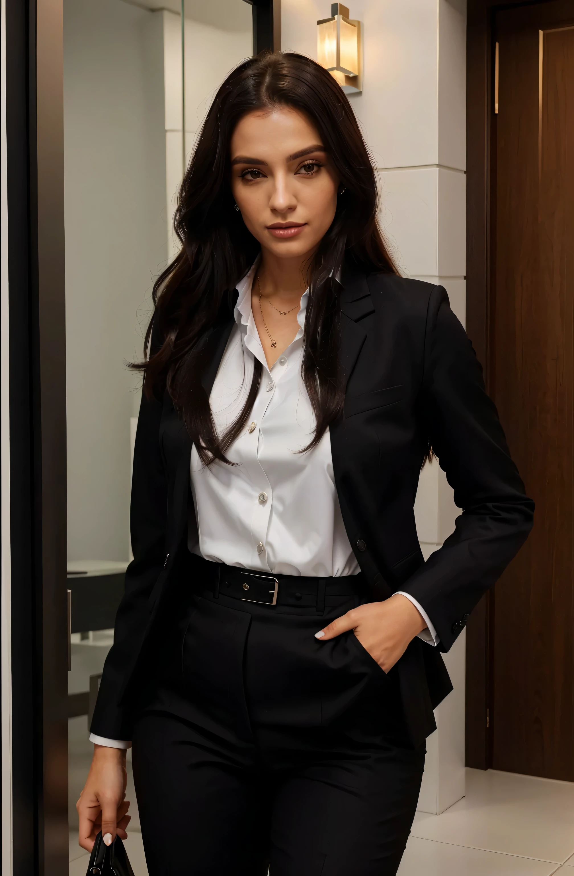 mulher de terno preto e camisa branca em frente a uma porta, ultra realista, vestindo terno preto, garota de terno, Garota de terno, wearing business suit, Wearing a business suit, mulher de terno preto, woman in business suit, business woman, Vestindo um terno formal, with a business suit, in a business suit, vestindo terno preto