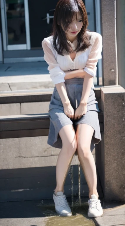 (masterpiece,best quality:1.2),(realistic,photo-realistic:1.4),high resolution,intricate details,exmetely detailed,(full body, high heels:1.8), solo,a 20 years old Japanese female idol, standing,(shirt,tight miniskirt:1.5),,(straight hair:1.2),(thin body, tiny breasts, narrow waist, thighs, bare legs,:1.2),detailed face, beautiful detailed eyes,fine-textured skin,pale skin,(peeing self,urine puddle,desperate pose for peeing,desperate face), photo background,outdoors,in the alley,daytime,sunny,in summer,
