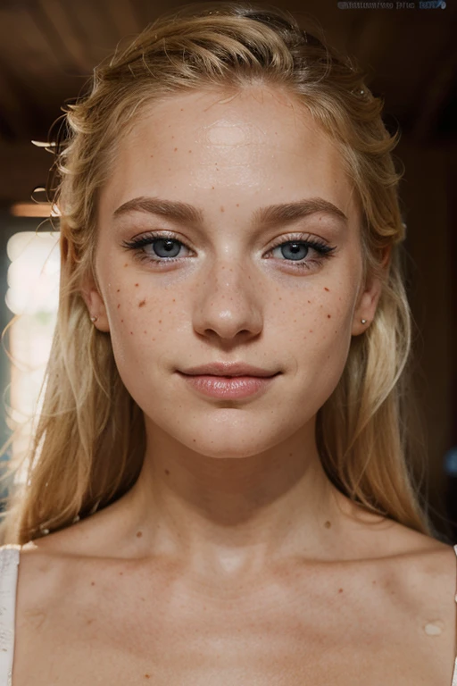 beautiful blond scandinave lady, (smooth freckles), little nose, smile, blue hazel eyes, luscious little mouth, dark makeup, hyperdetailed photography, soft light, head and shoulders portrait, cover