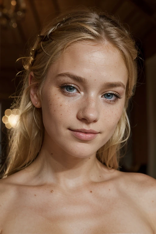 beautiful blond scandinave lady, (smooth freckles), little nose, smile, blue hazel eyes, luscious little mouth, dark makeup, hyperdetailed photography, soft light, head and shoulders portrait, cover