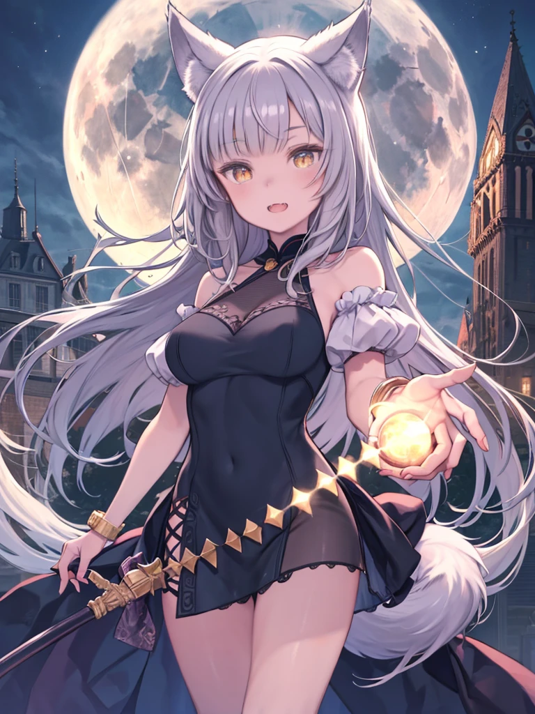 masterpiece、highest quality、High resolution、Very detailed、Mature Woman、Wolf Girl、werewolf、Wolf Ears、Wolf&#39;s Tail、Golden Eyes、Vertical eyes、cat&#39;s eyeouth open、Long fangs、Sharp Claws、In town、night、full moon、