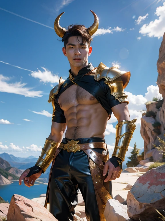 (photorealistic, masterpiece, detailed face, best quality, highres, 4k), Fantasy art style, A striking depiction of Aries the fiery ram featuring a ruggedly handsome male model with piercing eyes and a fierce aura. He stands atop a mountain peak, adorned in skimpy and sexy armor with flaming horns, symbolizing his passionate and determined nature , sexy , bare thighs , eroticism , nsfw , wide hips , wide pelvis