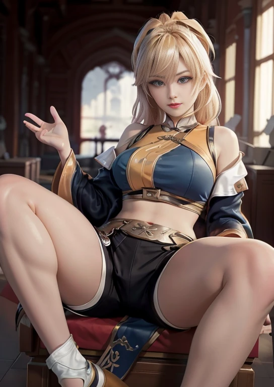 best quality, realism, real, photo: 1.4), Ji Xiaoman, Blond, blue eyes, hand on belly, big breasts, large breasts, thick legs, thights, sitting, knees up, open legs, real, photo"