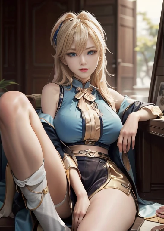 best quality, realism, real, photo: 1.4), Ji Xiaoman, Blond, blue eyes, hand on belly, big breasts, large breasts, thick legs, thights, sitting, knees up, open legs, real, photo"