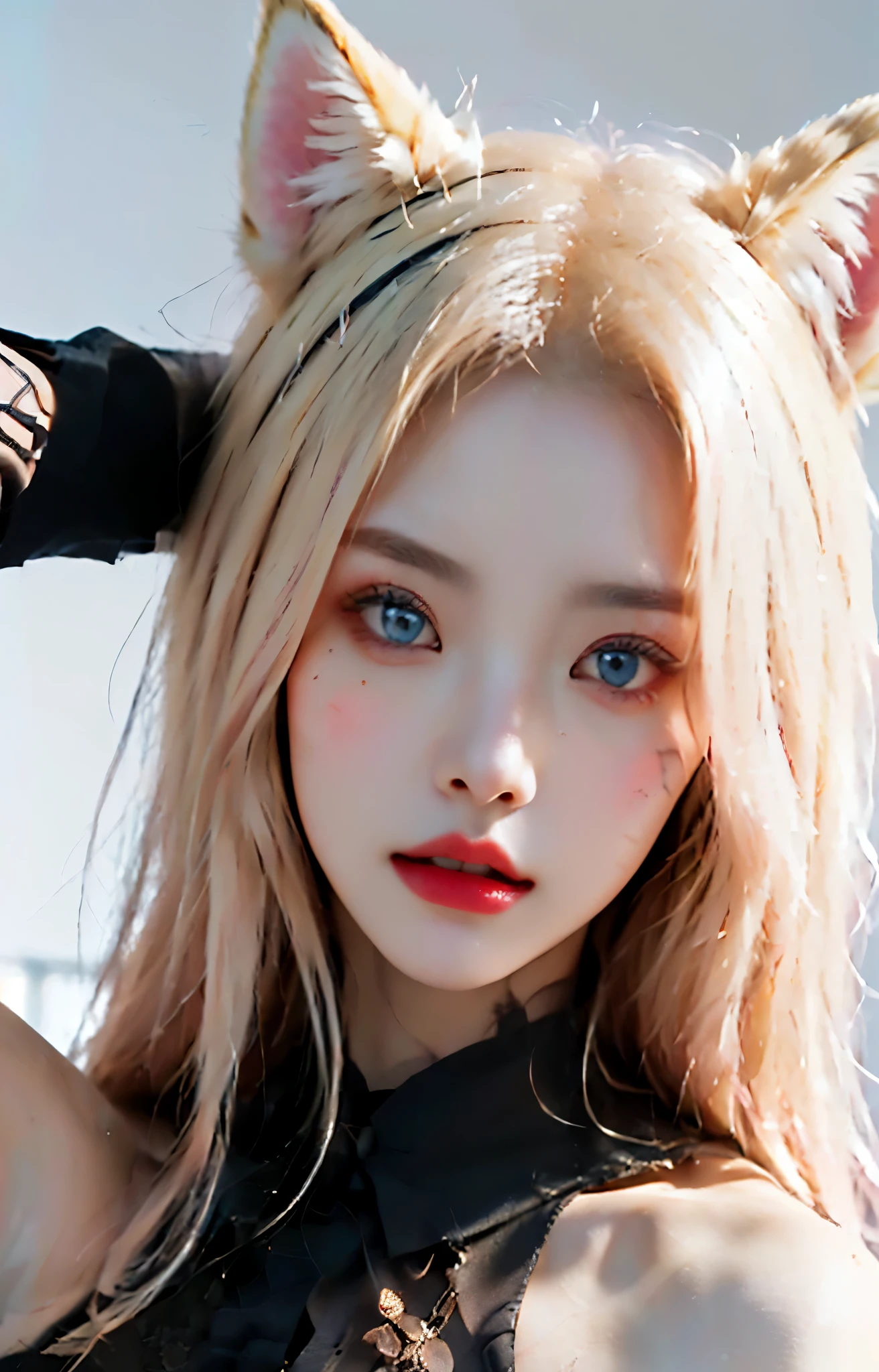 8k，artwork，Modern Hanfu,clavicle, ((Bare shoulders)), Practical, Fashion girl, red lips, Become a, cosmetic, big eyes, beautiful eyes, (best quality, masterpiece:1.2), Super detailed, (Practical:1.37), beautiful, young and energetic, Charming model with (Exquisite eyes, Detailed lips, extremely Exquisite eyes), Show a bright smile, Create stunning girl images, warm color, Very high color saturation, Official Art, Extremely detailed CG unified 8k wallpaper,(High Dynamic Range :1.4), (ish),(Soft colors, The color is dull, Soothing tone :1.3), (Natural skin texture, ultra-Practical, Soft Light, sharp),(Very detailed), Exquisite face，The gaze is disdainful，The face of the royal sister，Delicate face，Being held by the neck，Yellow hair，（（Close-up of face）），（（Beautiful golden eyes）），（Fox ears），（Ali face pattern）