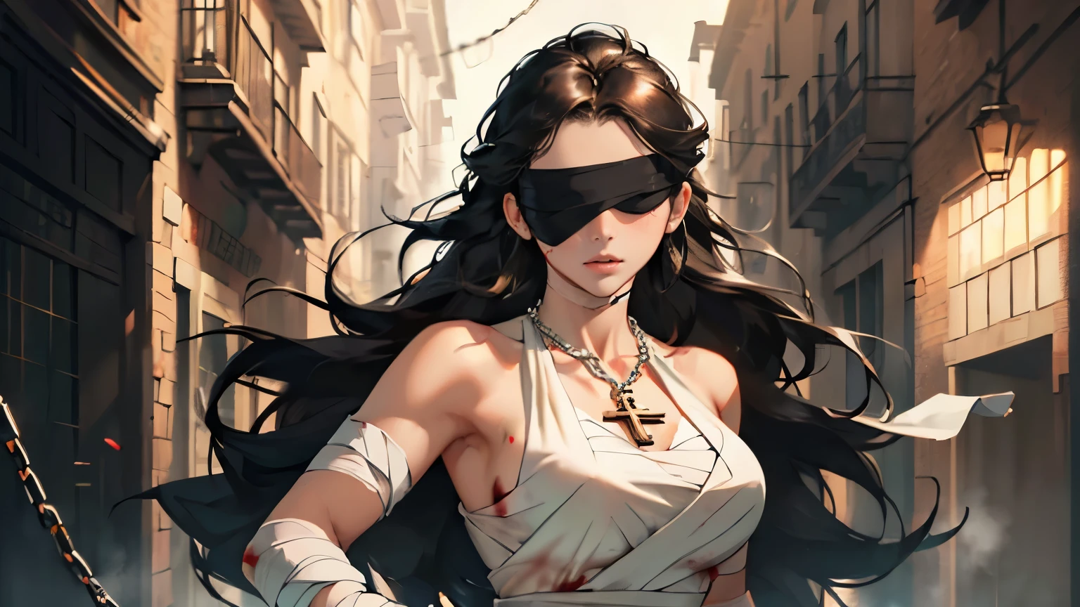 masterpiece, ultra detailed, 8k portrait, RAW photo, portrait photography, highly detailed face, beautiful and meticulous eyes, ((Fantasy)), 1 woman, solo, Young beautiful, standing dynamic pose, (black blindfold:1.5), (((brown long straight hair, forehead))), (tattoo on thigh:1.5), ((slave trader)), armpit, key shape necklace, (((cloth))) fluttering in the wind, (Bloody bandages wrapped all over the body:1.5), (fetters:1.2), (((holding a chain))), Midday Sun, hyper realistic, Body model, big breasts, Beautiful breasts, Long legs, in the medieval crowded street, Ambient lighting, Shadow details, Camera focus on face, strong breeze, Light fog