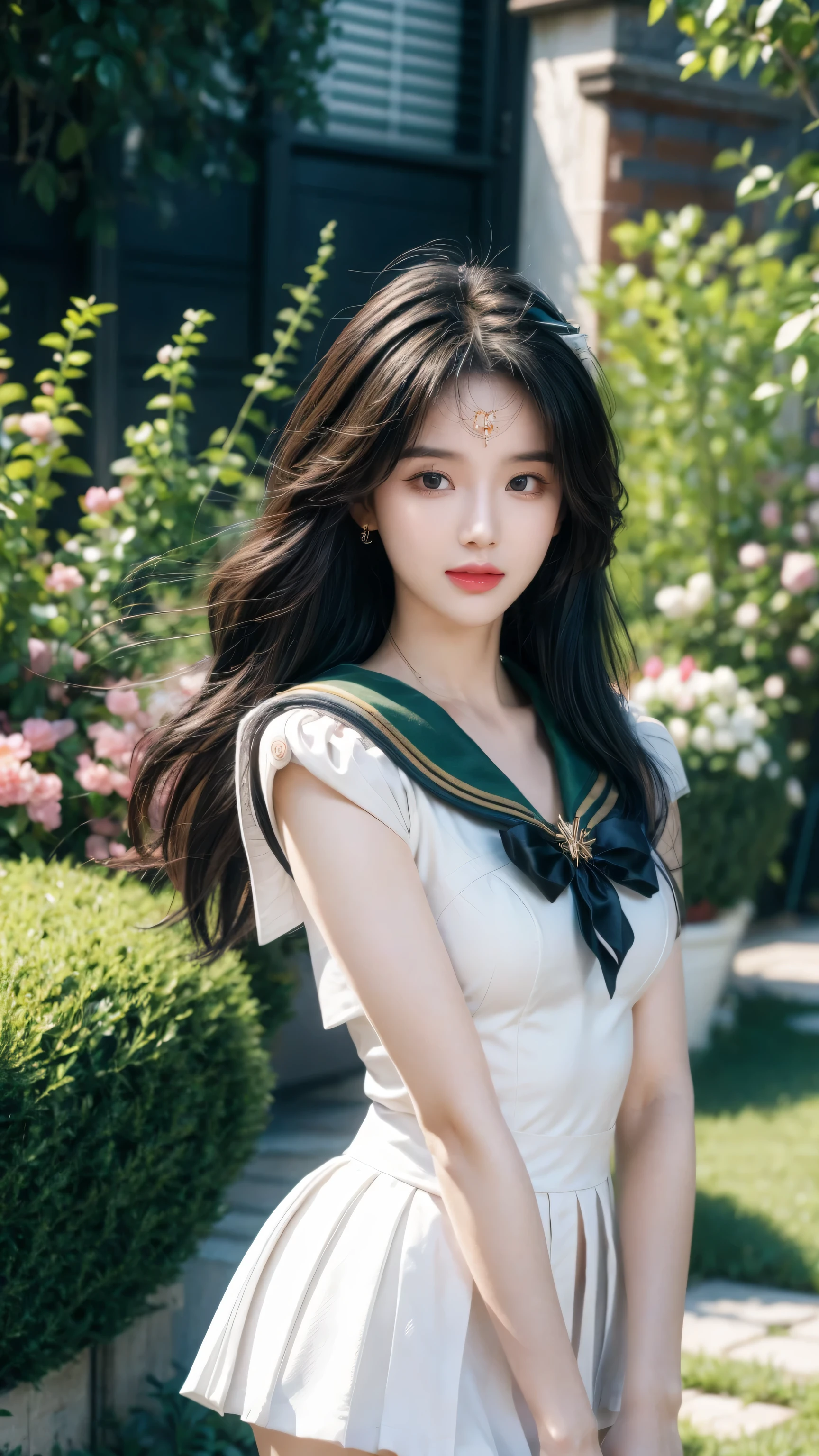(Extremely detailed CG Unity 8K wallpaper, masterpiece, best quality), (Exquisite light and shadow, Very dramatic picture, movie lens effects), (Sailor Moon: 1.4), Exquisite facial features, Charming smile, Star Eyes, ((Dark green hair)), Tight top, White gloves, mini skirt, Dynamic poses, Lying in the garden), (Garden background full of flowers) (Excellent details, Excellent lighting, wide angle), (Excellent rendering, Enough to be proud of one's own kind),