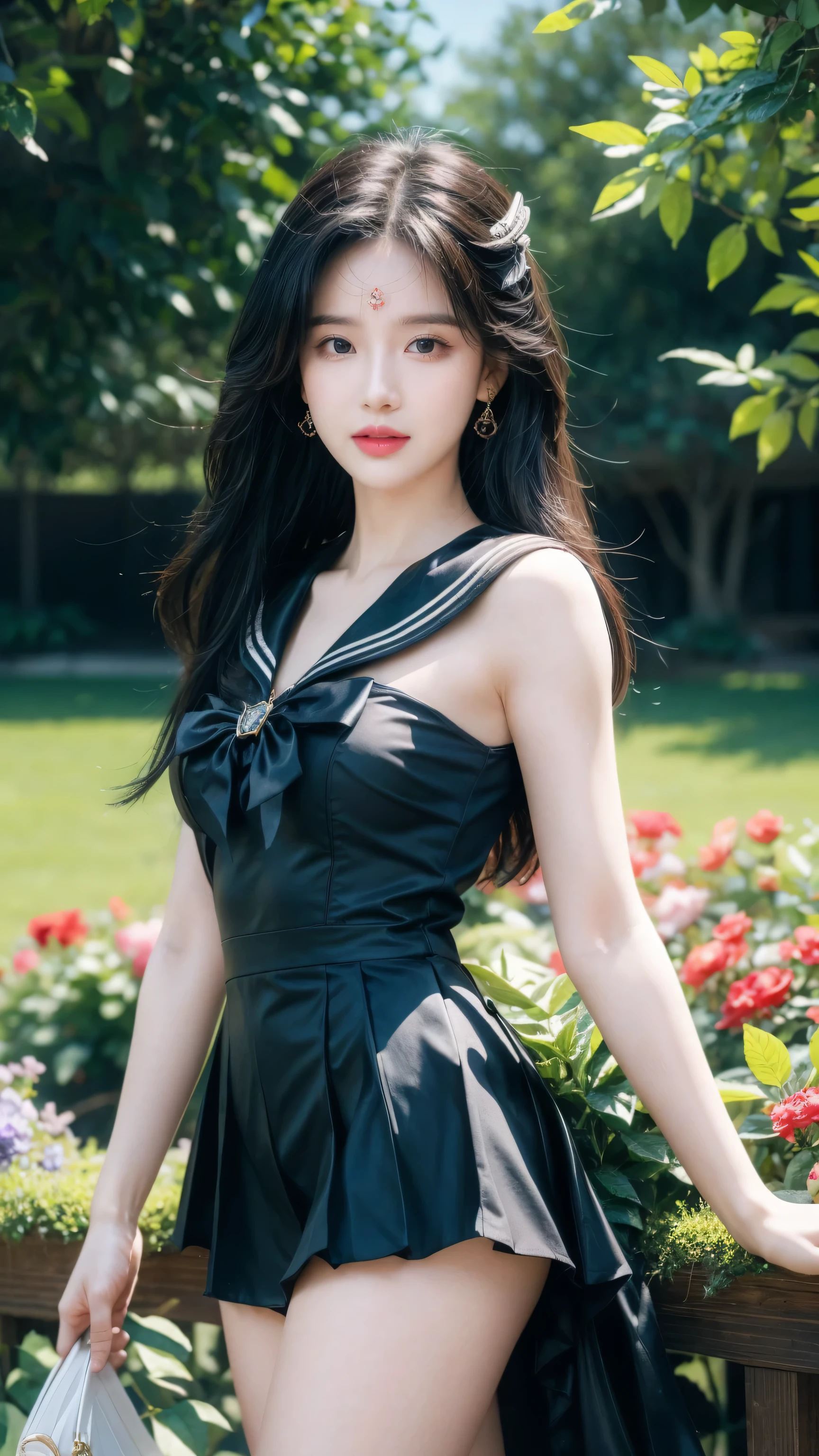 (Extremely detailed CG Unity 8K wallpaper, masterpiece, best quality), (Exquisite light and shadow, Very dramatic picture, movie lens effects), (Sailor Moon: 1.4), Exquisite facial features, Charming smile, Star Eyes, ((Dark green hair)), Tight top, White gloves, mini skirt, Dynamic poses, Lying in the garden), (Garden background full of flowers) (Excellent details, Excellent lighting, wide angle), (Excellent rendering, Enough to be proud of one's own kind),