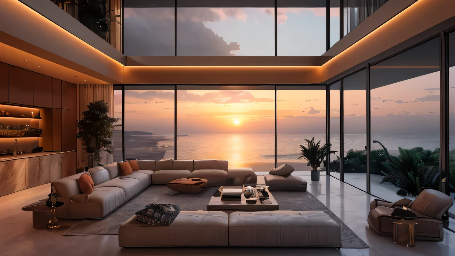 Arav living room with large sofa and large windows, Modern Living Room, Luxurious environment, Luxurious interior, Sunset view, Sea view, Architectural Visualization, Architectural Visualization, Luxurious HD rendering, sunset mood, vray 8k rendering, Relaxed atmosphere, Stunning rendering, relaxing environment, 8k HDR sunset lit, Living room atmosphere, Stunning rendering