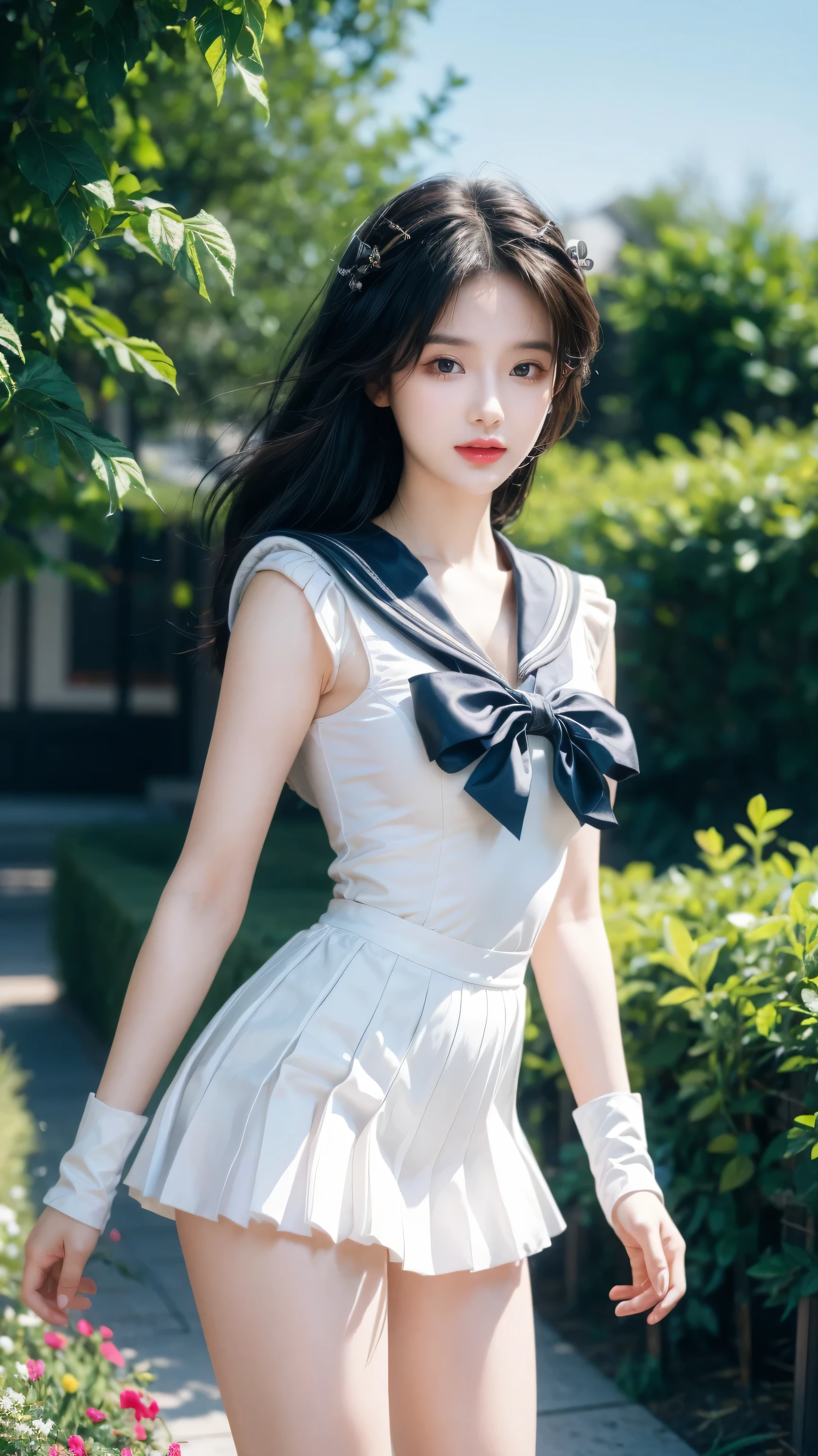(Extremely detailed CG Unity 8K wallpaper, masterpiece, best quality), (Exquisite light and shadow, Very dramatic picture, movie lens effects), (Sailor Moon: 1.4), Exquisite facial features, Charming smile, Star Eyes, ((Dark green hair)), Tight top, White gloves, mini skirt, Dynamic poses, Lying in the garden), (Garden background full of flowers) (Excellent details, Excellent lighting, wide angle), (Excellent rendering, Enough to be proud of one's own kind),