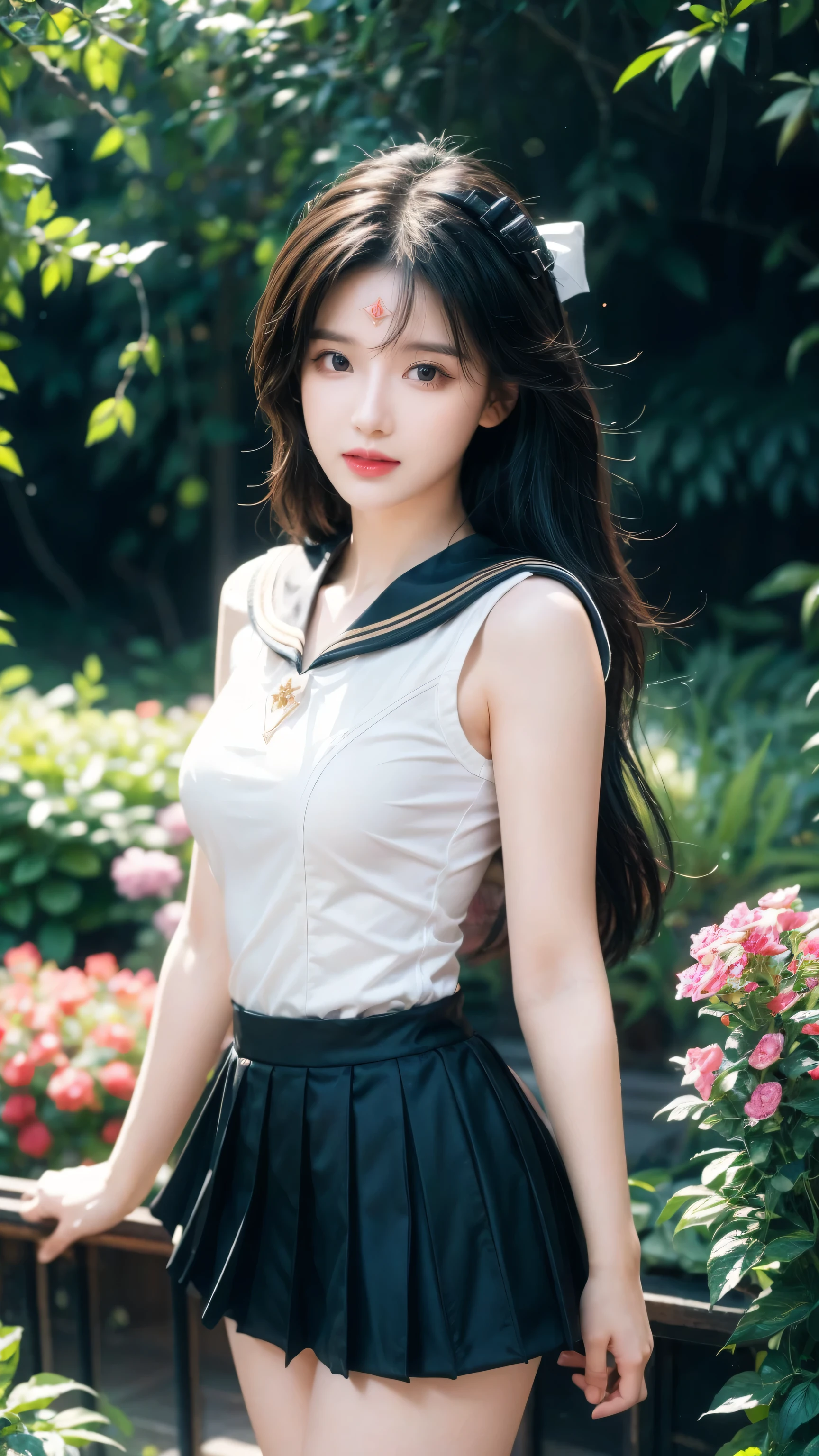 (Extremely detailed CG Unity 8K wallpaper, masterpiece, best quality), (Exquisite light and shadow, Very dramatic picture, movie lens effects), (Sailor Moon: 1.4), Exquisite facial features, Charming smile, Star Eyes, ((Dark green hair)), Tight top, White gloves, mini skirt, Dynamic poses, Lying in the garden), (Garden background full of flowers) (Excellent details, Excellent lighting, wide angle), (Excellent rendering, Enough to be proud of one's own kind),
