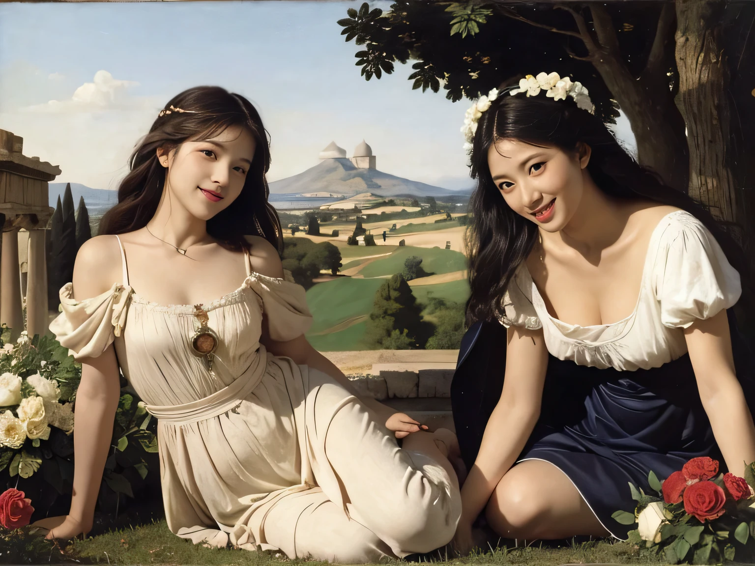 full body portrait or statue、Giorgione painting style,Arguments of two female Philosophe,math、astronomical machine、astronaut、roses in vase、fruits、Cute trinkets、smile、ancient greek costume、Ancient Roman landscape in the style of Nicolas Poussin,laughter,,Sweet and seductive appearance.、Caravaggio's paintings、Chiaroscuro of Caravaggio、hair tousled by the wind,Two women frolicking,cute smile, expression of ecstasy,Sexy,erotic