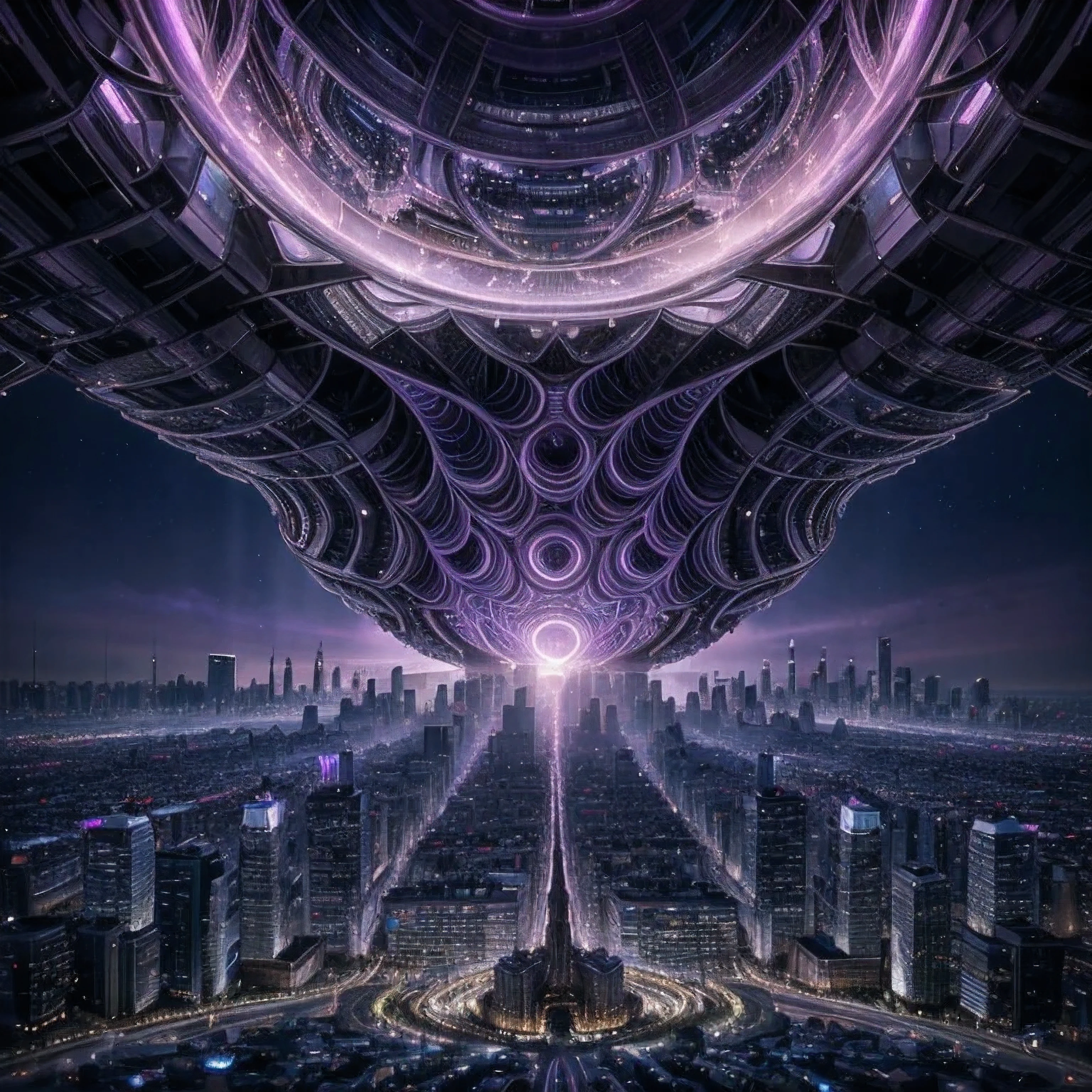 *Fade in to reveal a sprawling alien cityscape, bathed in the surreal light of twin violet-blue suns. The skyline is a dizzying array of hyperrealistic spirally twisting structures, reminiscent of fractal beehives. The asymmetrical reflective planes catch and refract the light, casting mesmerizing patterns across the landscape.*