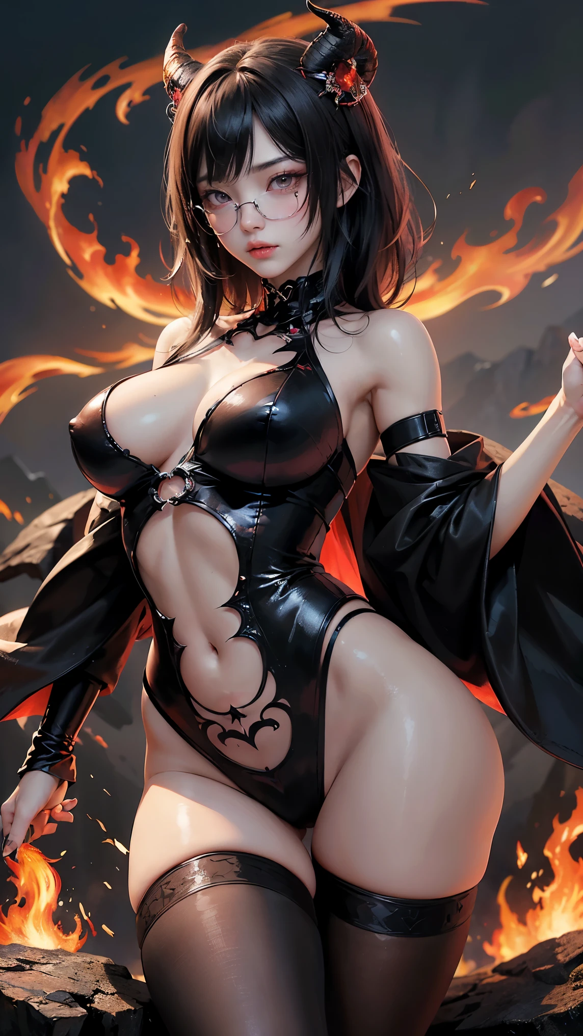 (highest quality,High resolution:1.2),(dark,Threatening:1.1),(Bad luckな:1.1),(devil,Satan,Lucifer:1.1),(devil的な:1.1),(Bad luck,Bad luckな:1.1),(Powerful figure:1.1、Big Breasts、Glasses),(Red glowing eyes,Sharp teeth:1.1),(Black wings,thick,shabby:1.1),(hellish landscape:1.1),(fire,sulfur:1.1),(Threatening雰囲気:1.1),(dark shadows,Threatening presence:1.1),(Bad luck clouds,Stormy Skies:1.1),(dark,Spooky atmosphere:1.1),(Bad luck aura,Evil energy:1.1),(dark aura,cigarette:1.1),(intense heat,Burning Flames:1.1),(Surreal,Nightmare Visions:1.1),(Predicting the end:1.1),(Twisted corners,Fiery crown:1.1),(Bad luck whispers,devilのような笑い:1.1),(Cry of pain,echoing screams:1.1),(Bad luck symbols,Ancient runes:1.1),(Mysterious Relic,dark artifacts:1.1),(Infernal Ritual,Ritual sacrifice:1.1),(devil的な minions,creatures of darkness:1.1),(Desolate,Barren Wilderness:1.1),(University of the Soul,soul of suffering:1.1),(Eternal Damnation,A hopeless existence:1.1),(final fall,The world was in chaos.:1.1),(malicious presence,darkness personified:1.1),(Entrance to the underworld,Nightmare Realm:1.1), got it, Beautiful and delicate face, got itですか, Beautiful and delicate eyes, perfectly balanced face, High resolutionスキン, Fine skin, Optimal ratio of four fingers to one thumb, Place your arms under your chest, Red tattoo on lower abdomen、oh!, Wide Hips, Smooth abdomen, thin, Pale skin, __fashion__, __hair__:1.25)、Digital single-lens reflex camera、 Absurd、(Tabletop: 1.3), (Maximum resolution: 1.2), (Ultra HDTV: 1.2), Cinematic Light, Beautiful Eyes and skin, deしっぽed facial features, , (Sharp focus: 1.2）, (Focus on the face:1.2),Perfect Style, Beautiful Face, Acura, Anatomically correct, Highly deしっぽed face and skin texture, Beautiful Eyes, double eyelid, thin eyebrows, Glitter Eyeliner: 1 natural cheeks, Glowing Skin, Fair skin: 1.2, (Glossy Lips: 1.4),(Embarrassed look: 1.2),Highly deしっぽed face and skin texture, Beautiful Eyes, double eyelid, natural cheeks, Glossy Lips: 1.4,Exposed cleavage、charm的な。charm、 Beautiful devil woman from hell, Surrealistic female portraits by David Hockney and Alphonse Mucha, 