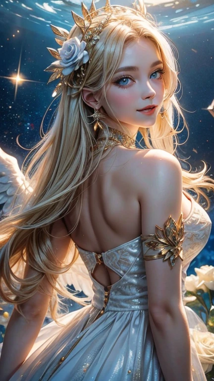 Masterpiece、from the front, Look directly at the viewer,8A young girl angel, Upper Body、A kind smile, Big Blue Eyes, White skin、blonde,A beautiful hair ornament with gold carvings and rose flowers.、 White Dress, On my back2Angel wings in pieces, 、Space background with lots of shining stars and sparkling white feathers, Sparkling Light, 8K digital art、