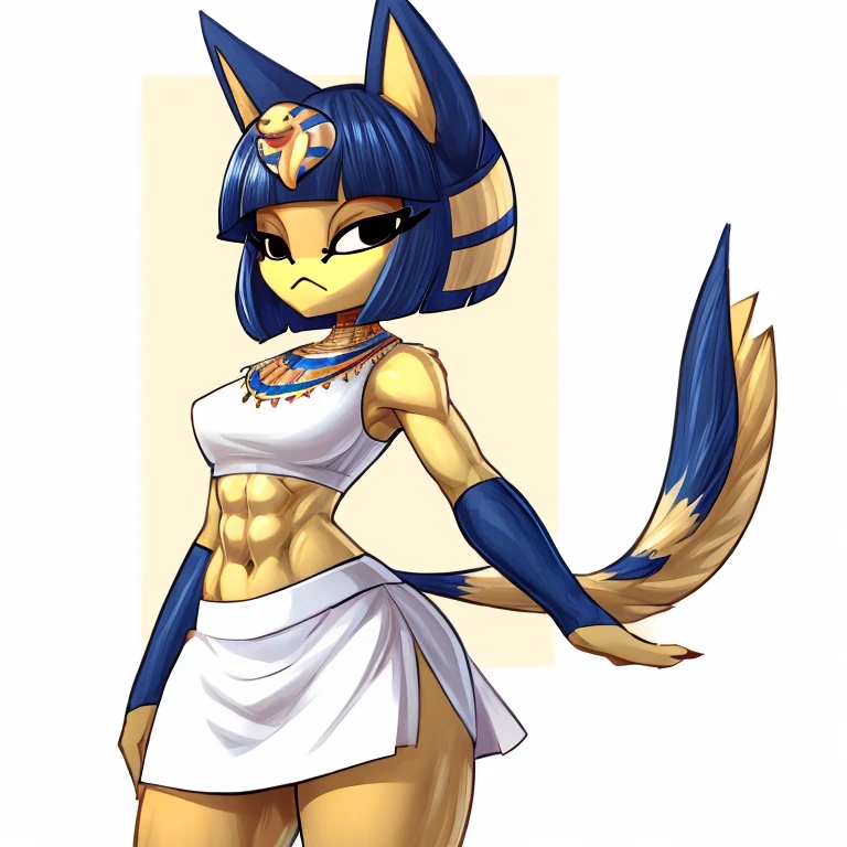 a digital artwork of ankha with abs wearing a crop top of her white sleeveless dress with white dress skirt, a bare midriff and a bare navel, sideview