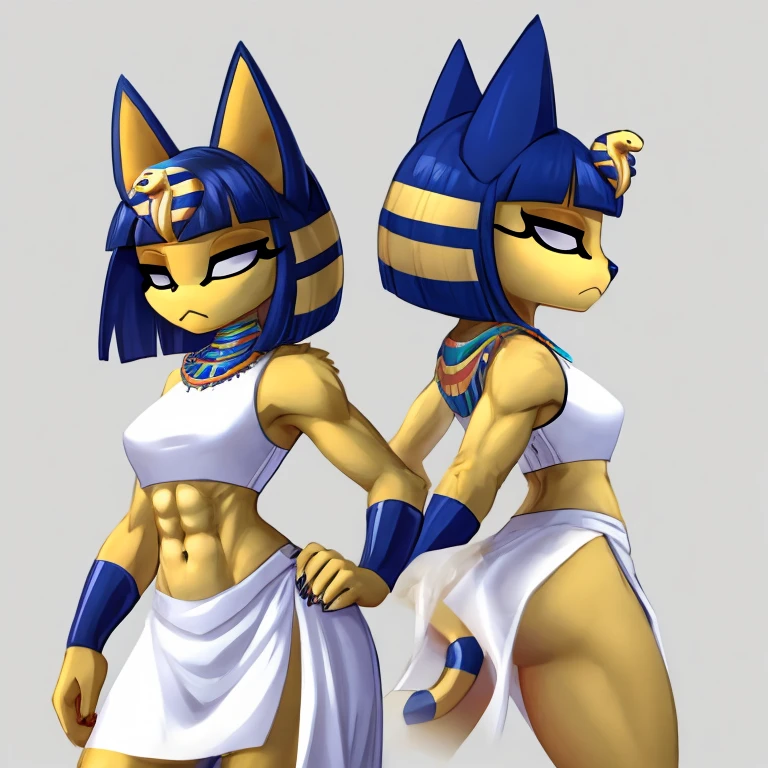a digital artwork of ankha with abs wearing a crop top of her white sleeveless dress with white dress skirt, a bare midriff and a bare navel, sideview