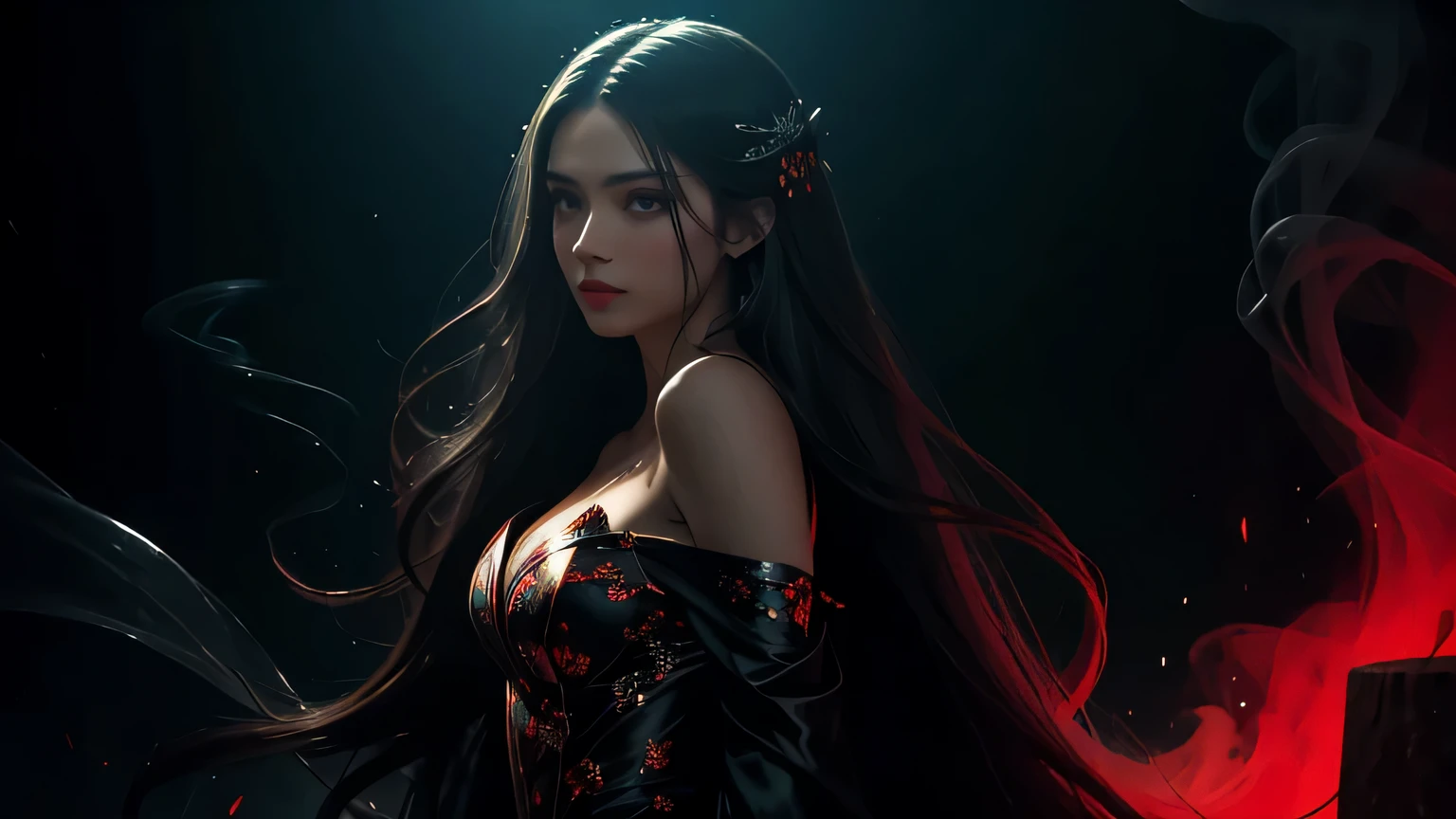 "A dark, seductive atmosphere with a mysterious woman standing. She has silver long hair and wears a shiny dress. Her eyes are clear and sharp, with beautiful red lips. The scene is filled with tendrils of smoke that transform into surreal butterflies. The atmosphere is dreamy and ethereal, with soft lighting illuminating the scene. The woman is depicted as radiant and confident, surrounded by symbols of her aspirations and inner strength. The overall atmosphere should evoke a sense of wonder, empowerment, and endless possibilities."