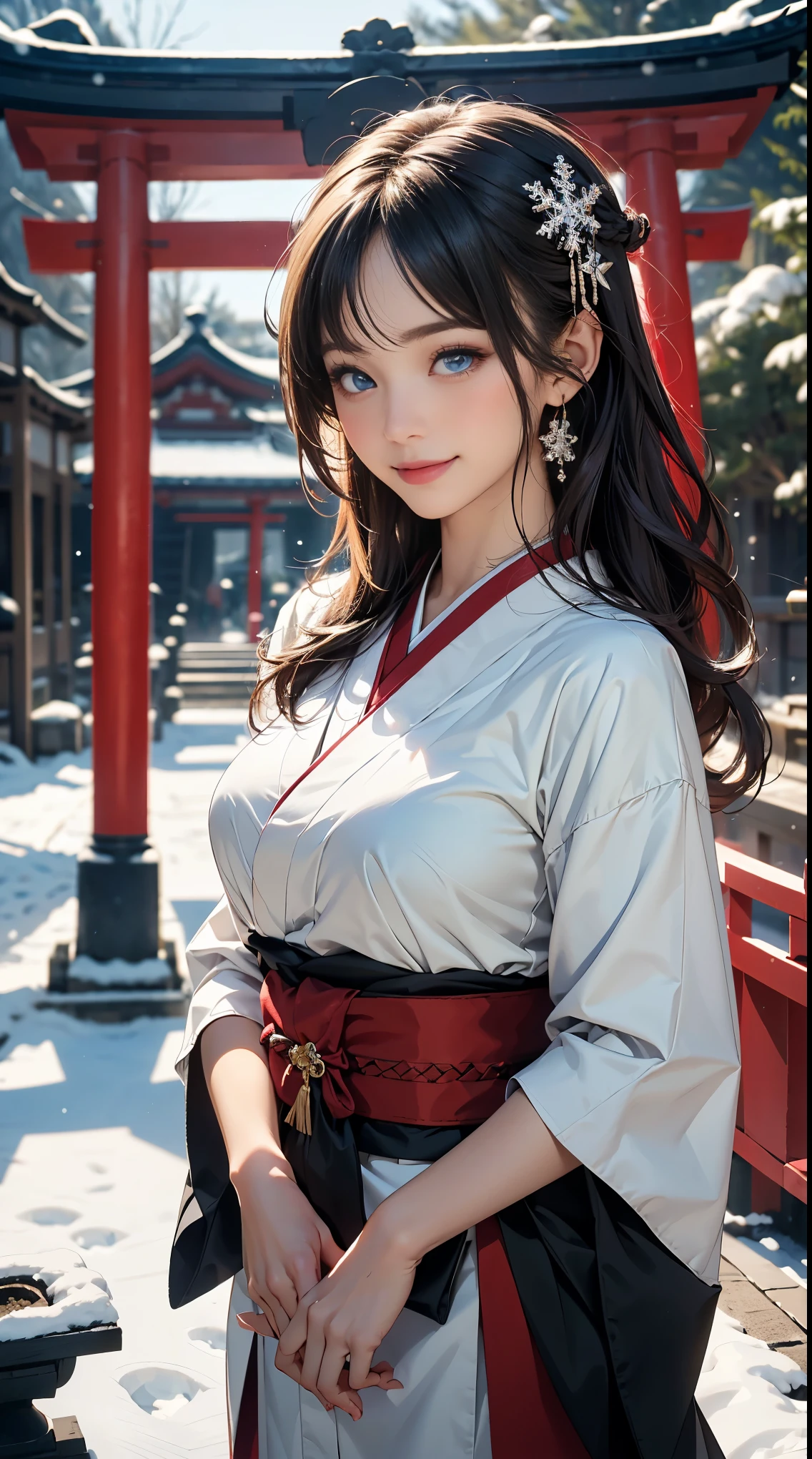 (masterpiece, best quality:1.2), (high resolution, 8K RAW Photos, Practical, Be focused), (Natural light, Textile shading), leave, focus alone, Upper Body, 1 Mature woman, 28 years old, (Mature woman:1.5), Sexy, Put your hands together, pray, Smile, Midnight purple hair, Medium-length hair, Posterior hair on one ear, Half up half down hair, blue eyes, Miko costums, Permanent, In the Zen garden of a Japanese temple, In front of the torii gate, In winter, snow覆盖的地面, snow, snowflake, Snow, Depth of Field, Bokeh, (Correct anatomy, Ideal body proportions),
