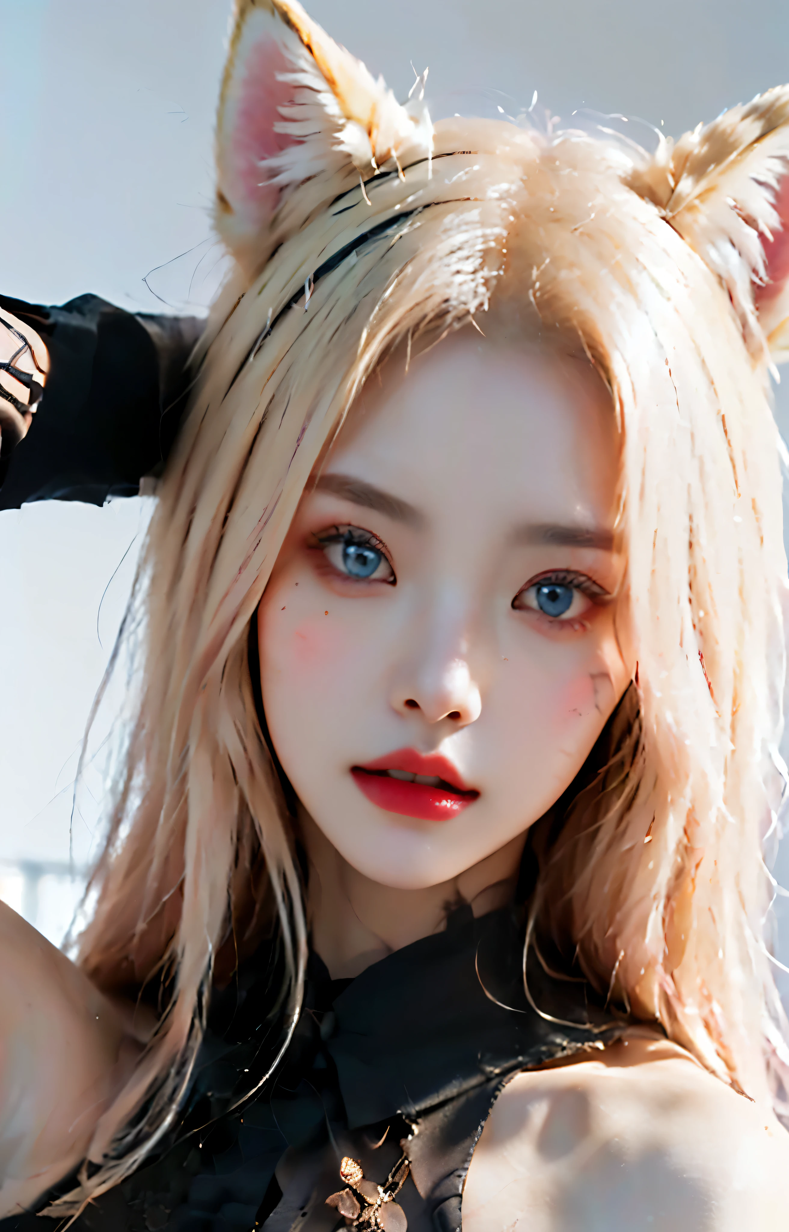 8k,artwork,Modern Hanfu,clavicle, ((Bare shoulders)), Practical, Fashion girl, red lips, Become a, cosmetic, big eyes, beautiful eyes, (best quality, masterpiece:1.2), Super detailed, (Practical:1.37), beautiful, young and energetic, Charming model with (Exquisite eyes, Detailed lips, extremely Exquisite eyes), Show a bright smile, Create stunning girl images, warm color, Very high color saturation, Official Art, Extremely detailed CG unified 8k wallpaper,(High Dynamic Range :1.4), (ish),(Soft colors, The color is dull, Soothing tone :1.3), (Natural skin texture, ultra-Practical, Soft Light, sharp),(Very detailed), Exquisite face,The gaze is disdainful,The face of the royal sister,Delicate face,Being held by the neck,Yellow hair,((Close-up of face)),((Beautiful golden eyes)),(Fox ears),(Ali face pattern)