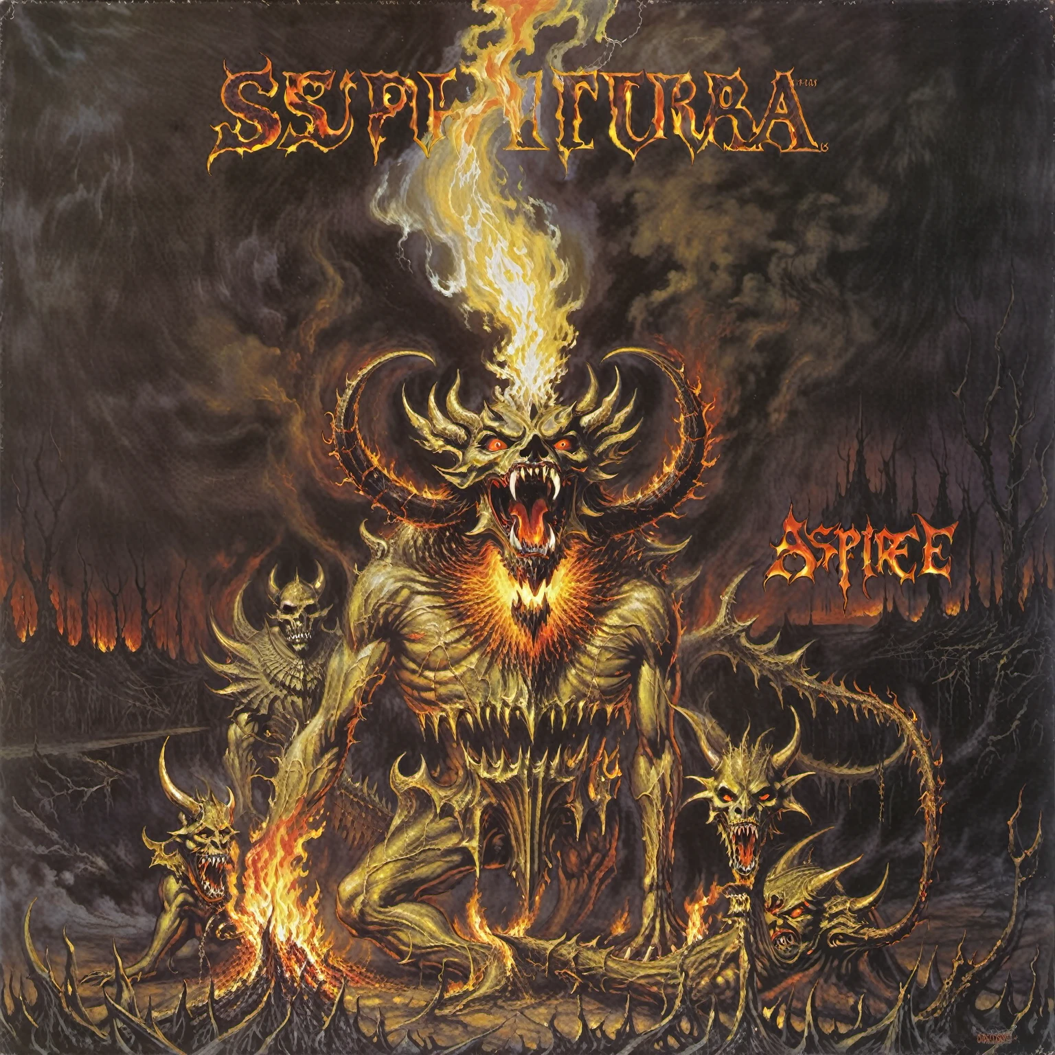 arafed image of a painting of a demonic creature with a fire in its mouth, asuras, 1 9 8 0's heavy metal album art, spire, album art, power metal album cover, metal album cover, album, [sirius], spellfire, metal album cover art, death metal album cover, vinyl cover from 1988, black metal album cover
