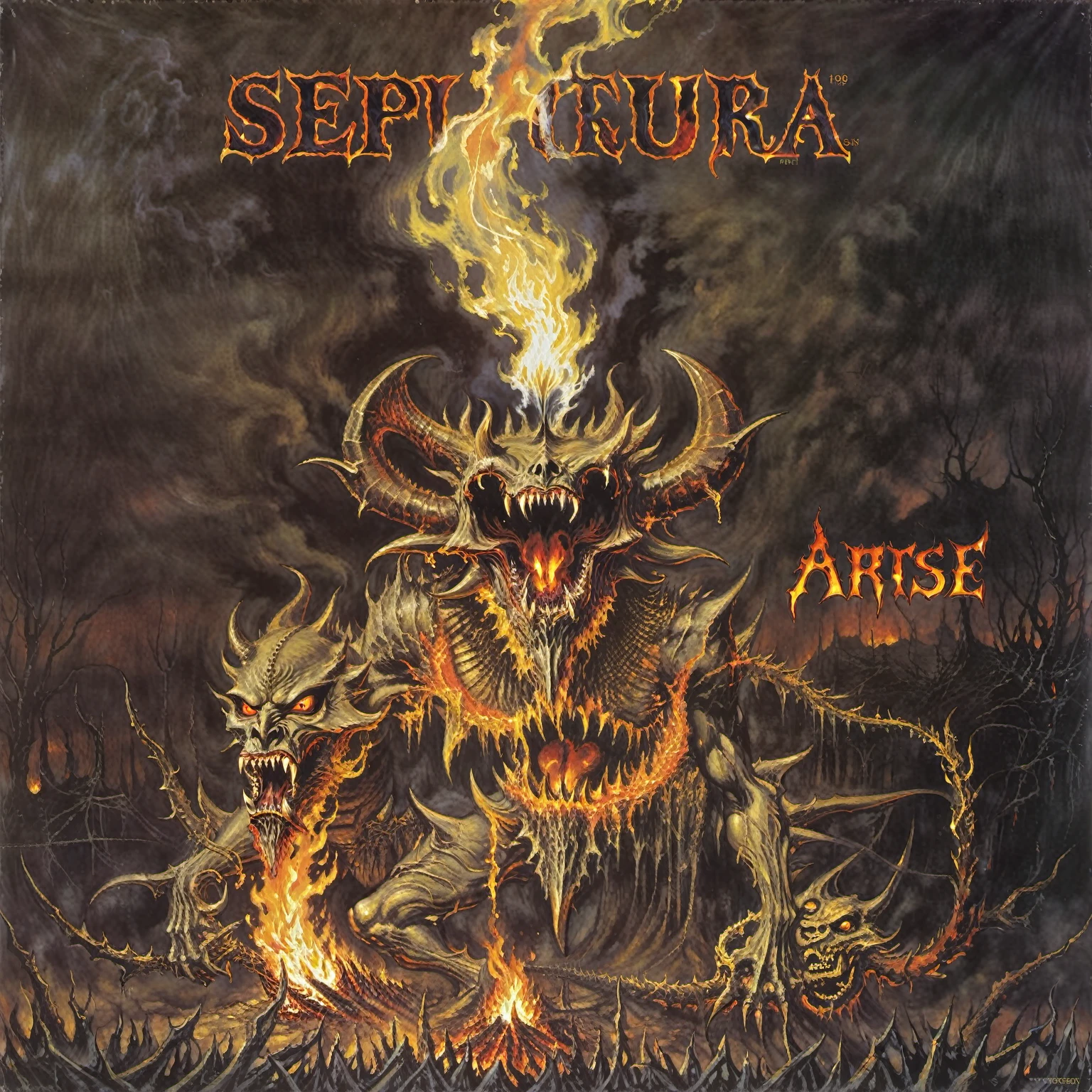 Scratched image of a painting of a demonic creature with fire in its mouth., asuras, 1 9 8 0's heavy metal album art, needle, album art, power metal album cover, metal album cover, album, [Syria], spell fire, metal album cover art, death metal album cover, 1988 vinyl cover, black metal album cover