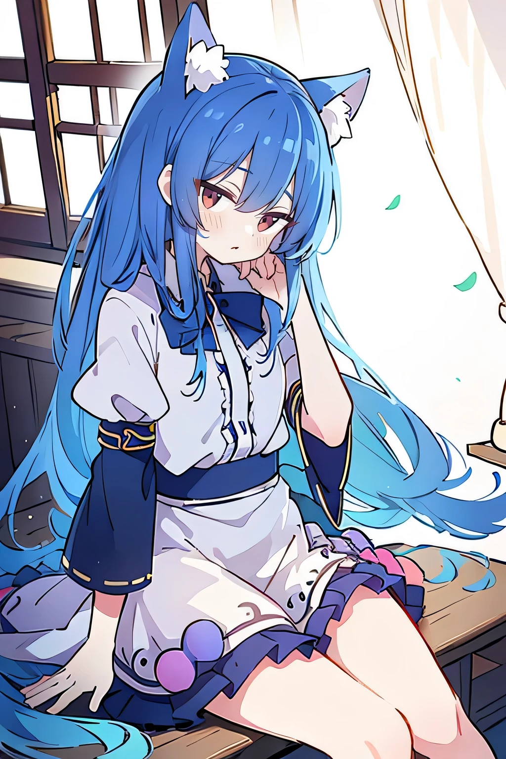 (masterpiece:1.2),ultra-detailed,realistic,expressive eyes,fair-skinned,perfectly shaped face,1girl,
Japanese cartoons,Gorgeous blue hair, flowing blue hair,floating clothes,cat ears,petals falling,beautiful Lola,Hina Angel,
hands on waist,gracefully sitting on the ground,legs crossed,gentle and serene background,cool and comfortable pavilion,shy face ,shy.