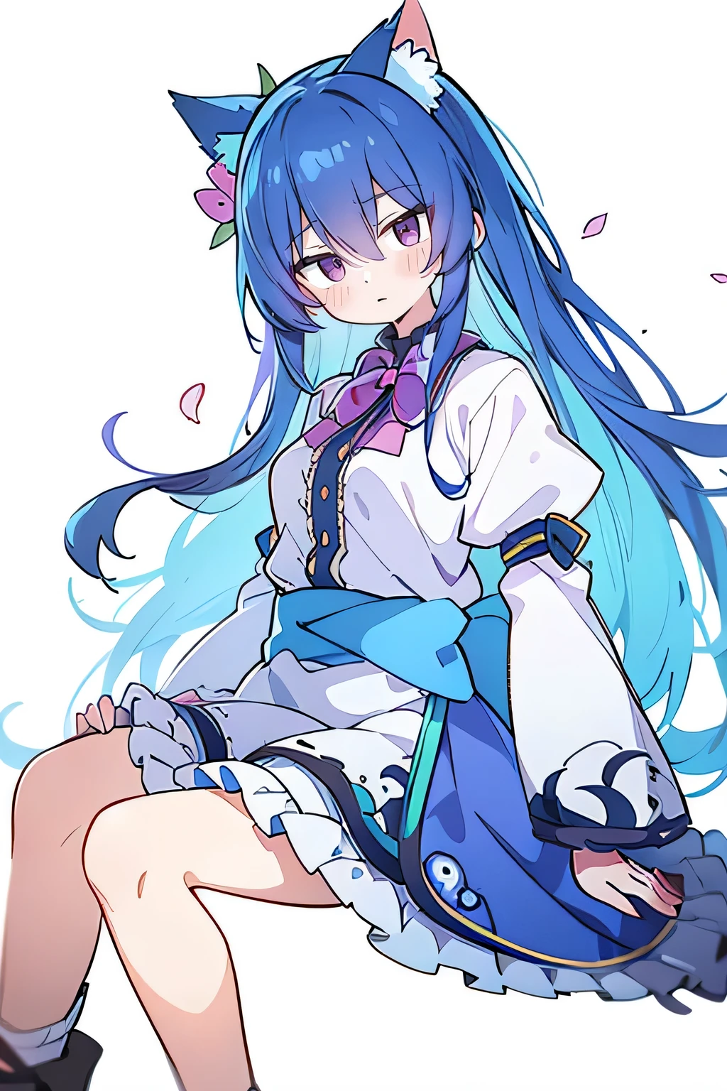 (masterpiece:1.2),ultra-detailed,realistic,expressive eyes,fair-skinned,perfectly shaped face,1girl,
Japanese cartoons,Gorgeous blue hair, flowing blue hair,floating clothes,cat ears,petals falling,beautiful Lola,Hina Angel,
hands on waist,gracefully sitting on the ground,legs crossed,gentle and serene background,cool and comfortable pavilion,shy face ,shy.