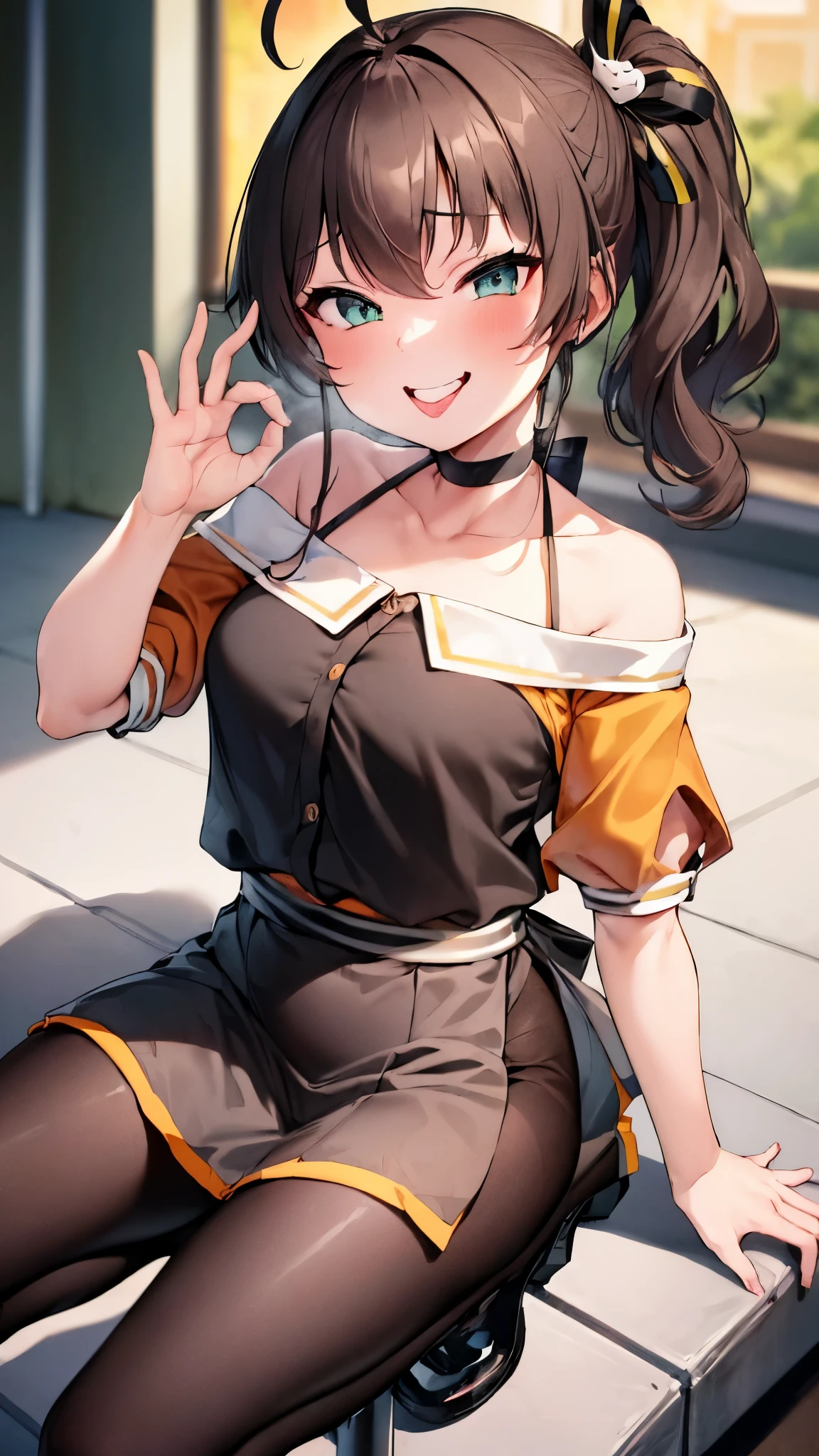  ((((Open your mouth))))、masterpiece,highest quality,High resolution,Very detailed,bb Festival,meだium hair,skinny,Ahoge,Brown Hair,(((((  Captivating smile ))))),skinny,Hair between the eyes,bangs,Hair Ribbon,Black Choker,Earrings,Black Ribbon,plaiだ shirt,Grey Shirt,shoulだer cutout,Short sleeve,See-through sleeves,Black Skirt,High Waist Skirt,Race,(( Perfect Fingers )) ,  shoes下,(black shoes下:1.4),Race trim,shoes,Black footwear,indoor,(Cafe:1.2),((Blowjob Gestures:1.5))、Open your mouth ,Sitting,Chair,Heavy breathing ,Hand in front of your mouth,Hand in front of mouth,