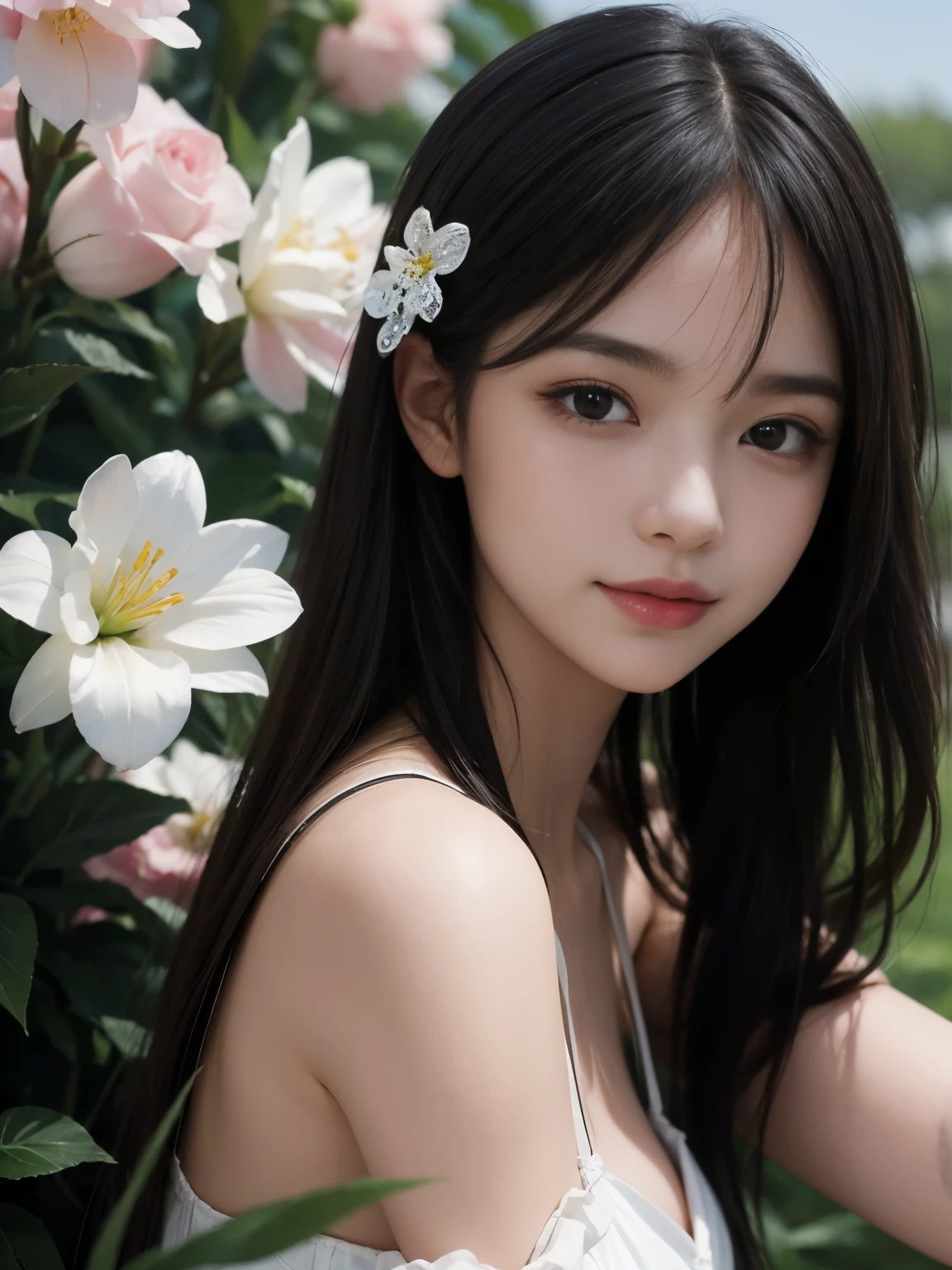 (ultra realistic) , (illustration), (increase resolution), (8K), (extremely detailed), (best illustration), (beautiful detailed eyes), (best quality), (ultra-detailed), (masterpiece), (wallpaper), (detailed face), solo,1 girl, looking at viewers, black straight hair, delicate details, in the dark, deep shadow, low key, pureerosfaceace_v1, happy smile, summer dress, full body, flower garden
