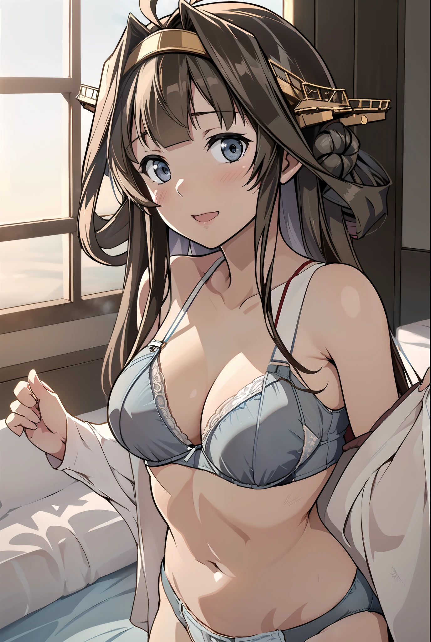 Ship Kongo, kongou, Brown Hairアホ毛, (Brown Hair), ((Light blue panties)), ((Light blue bra)), ((Flashy underwear)) (((In underwear))),Light blue lingerie, Completely naked, smile, blush