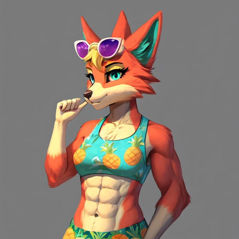 a digital artwork of audie with abs wearing a crop top of her sleeveless turquoise and pineapple printed dress with turquoise and pineapple printed skirt, a bare midriff and a bare navel, she has sunglasses on her forehead
