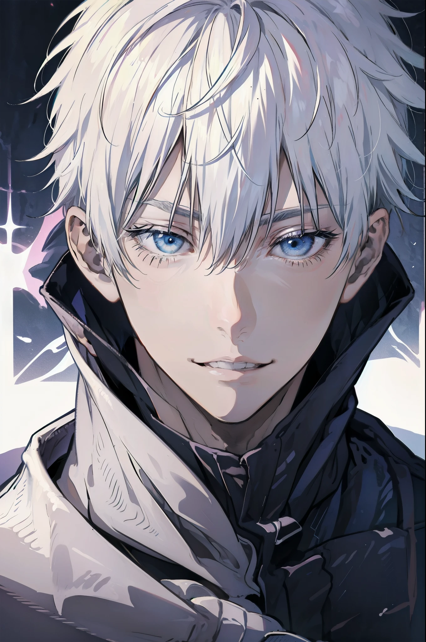 Boy, silver hair, blue eyes, serious sharp features, white skin, sweater