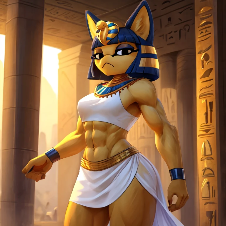 a digital artwork of ankha with abs wearing a crop top of her white sleeveless dress with white dress skirt, a bare midriff and a bare navel, sideview, Egyptian setting