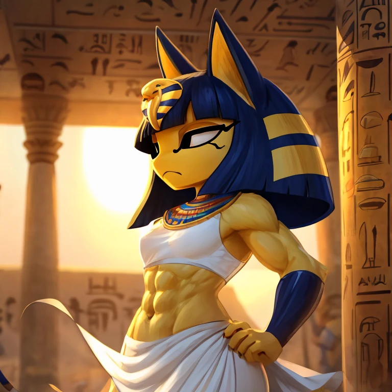 a digital artwork of ankha with abs wearing a crop top of her white sleeveless dress with white dress skirt, a bare midriff and a bare navel, sideview, Egyptian setting