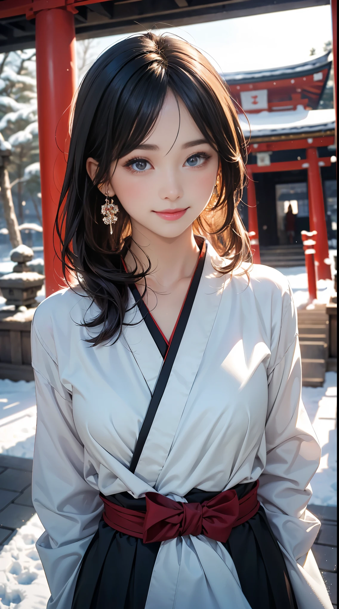 (masterpiece, best quality:1.2), (high resolution, 8K RAW Photos, Practical, Be focused), (Natural light, Textile shading), leave, focus alone, Upper Body, 1 Mature woman, 28 years old, (Mature woman:1.5), Sexy, Put your hands together, pray, Smile, Midnight purple hair, Medium-length hair, Posterior hair on one ear, Half up half down hair, blue eyes, Miko costums, Permanent, In the Zen garden of a Japanese temple, In front of the torii gate, In winter, snow覆盖的地面, snow, Snow, Depth of Field, Bokeh, (Correct anatomy, Ideal body proportions),