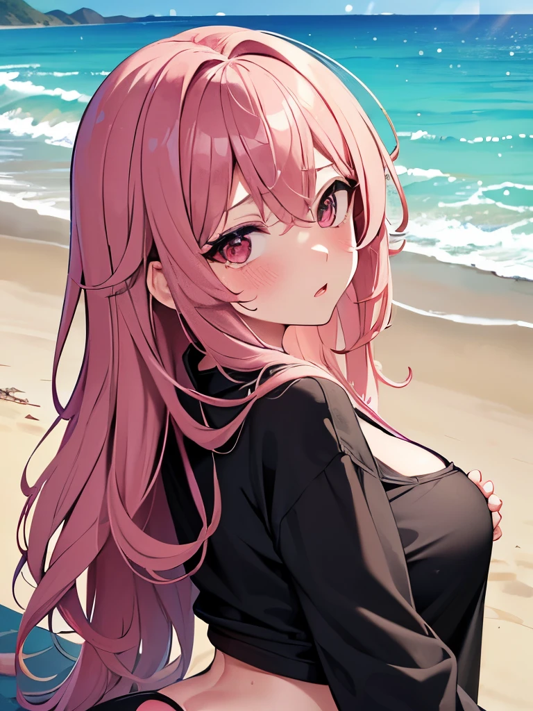 (masterpiece,highest quality, detailed), One girl, alone, Lying on the beach,Point your ass to the camera,Ocean, Fireworks at night, whole body,bikini, Black hoodie,Sweat, Ahegao, Roll your eyes, blush, naked、Pink Hair,Messy wavy long hair,open chest white shirt、Black underwear,A tight-fitting shirt、Big Breasts