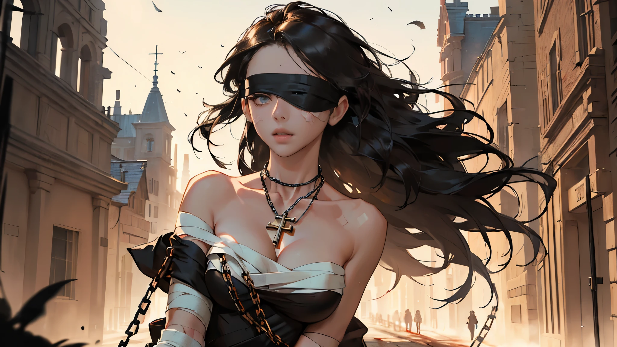 masterpiece, ultra detailed, 8k portrait, RAW photo, portrait photography, highly detailed face, beautiful and meticulous eyes, ((Fantasy)), 1 woman, solo, Young beautiful, standing dynamic pose, (black blindfold:1.5), (((brown long straight hair, forehead))), ((slave trader)), armpit, key shape necklace, (((National costume))) fluttering in the wind, (Bloody bandages wrapped all over the body:1.5), (((fetters))), (((holding a chain))), Midday Sun, hyper realistic, Body model, big breasts, Beautiful breasts, Long legs, in the medieval crowded street, Ambient lighting, Shadow details, Camera focus on face, strong breeze, Light fog