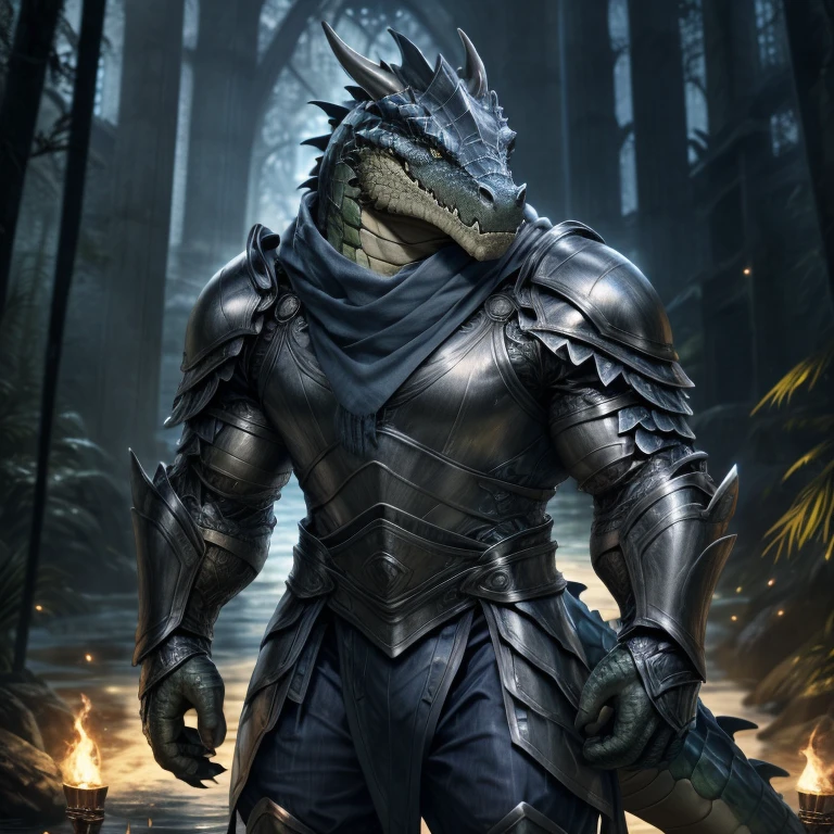 Tall hyperMuscular Deep BLUE Crocodile wearing Full silver armor in all body, HD, 4K, high resolution, Best quality, perfect colors, perfect shadow, perfect litthing, Alone, Males person, Correct Head Anatomy, Correct Anatomy, (Detailed Realistic scales, epic, tmasterpiece:1.2), (Detailed swamp background), shining Scales, smooth scales, perfect scales, detailed scales, Crocodile wearing a silver full armor, blue pants, Black shirt, Detailed silver armor, perfect pants,Persian scarf, Deep Blue Crocodile, torch lighting, night, Silver armor covering The entire chest, Silver armor arms, Deep blue scales color, hornless, no horns, Big muscle