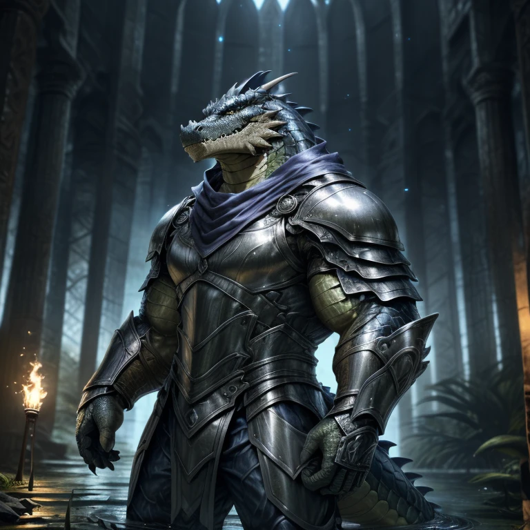 Tall hyperMuscular Deep BLUE Crocodile wearing Full silver armor in all body, HD, 4K, high resolution, Best quality, perfect colors, perfect shadow, perfect litthing, Alone, Males person, Correct Head Anatomy, Correct Anatomy, (Detailed Realistic scales, epic, tmasterpiece:1.2), (Detailed swamp background), shining Scales, smooth scales, perfect scales, detailed scales, Crocodile wearing a silver full armor, blue pants, Black shirt, Detailed silver armor, perfect pants,Persian scarf, Deep Blue Crocodile, torch lighting, night, Silver armor covering The entire chest, Silver armor arms, Deep blue scales color, hornless, no horns, Big muscle