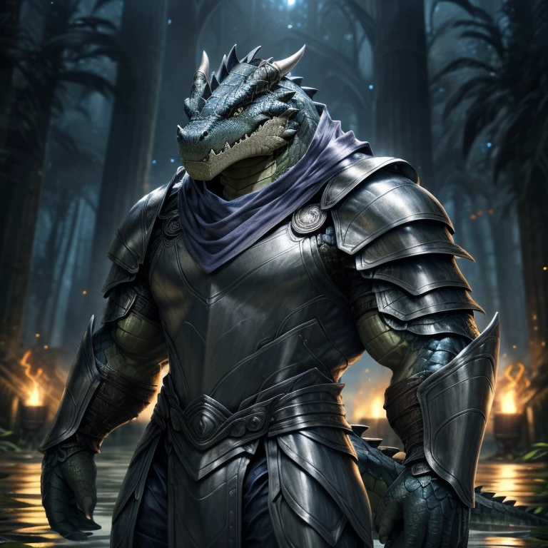 Tall hyperMuscular Deep BLUE Crocodile wearing Full silver armor in all body, HD, 4K, high resolution, Best quality, perfect colors, perfect shadow, perfect litthing, Alone, Males person, Correct Head Anatomy, Correct Anatomy, (Detailed Realistic scales, epic, tmasterpiece:1.2), (Detailed swamp background), shining Scales, smooth scales, perfect scales, detailed scales, Crocodile wearing a silver full armor, blue pants, Black shirt, Detailed silver armor, perfect pants,Persian scarf, Deep Blue Crocodile, torch lighting, night, Silver armor covering The entire chest, Silver armor arms, Deep blue scales color, hornless, no horns, Big muscle