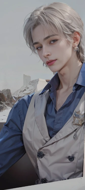 1boy with light gray eyes and light gray hair, detailed face, clear skin, background is brown- white, modelshoot style, photorealism, masterpiece, diversity, ((perfect face)), detailed hair, sharp eyes, serious smile, light dark blue blouse and gray jacket with white cristal broche, triangle face, Are standing, good looking and muscular guy, Detailed and correct facial structure, highest quality,