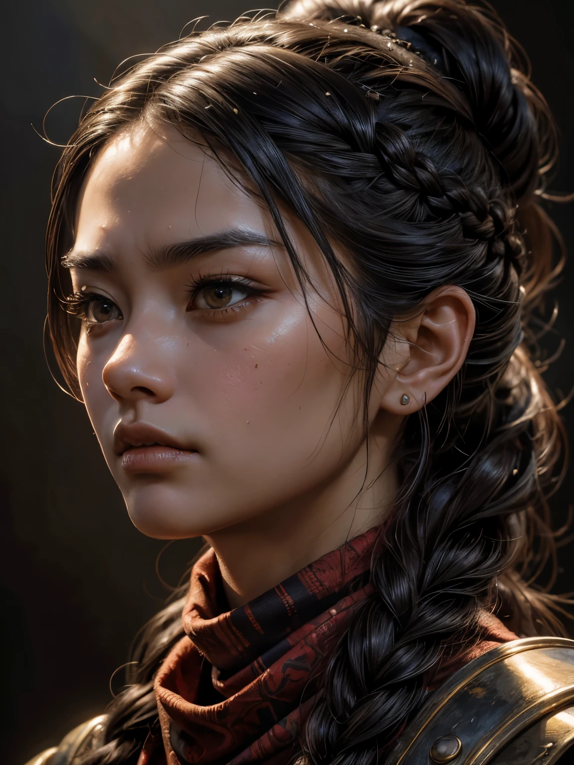 A photorealistic close-up portrait of Juan Ting, looking directly at the viewer, wide jaw, strong chin, closeup, close-up, with light makeup, extremely detailed eyes, hair in a long and scruffy braid, hair framing face, fierce expression, one eyebrow raised, A detailed symmetrical realistic face, authentic samurai armour and red keffiyeh, highly detailed natural texture, masterpiece, absurdes, extremely detailed, astonishing, fine detail, couleurs riches, hyper realistic texture, dramatic lighting