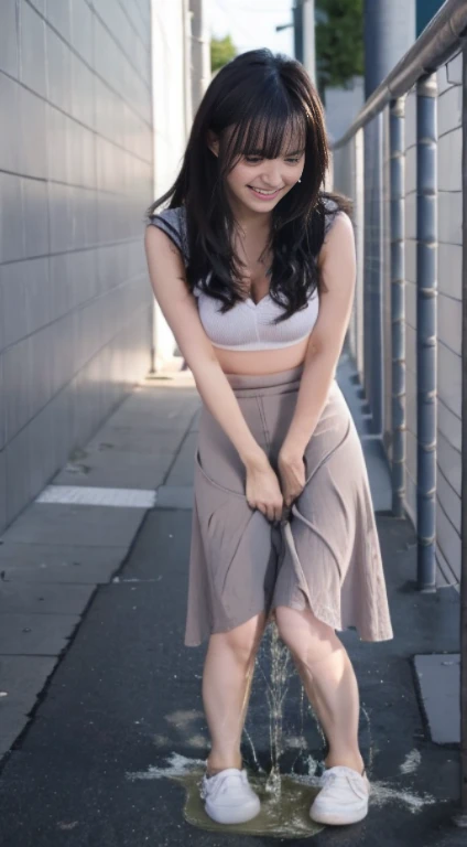 High resolution、8k、40 years old、Beautiful mature woman、Strong winds、Roll-up skirt、teeth、Sexy panties、office Street、